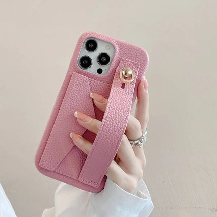 For iPhone 15 Pro Max Case with Card Slot Wristband Kickstand PU Leather+PET Phone Cover