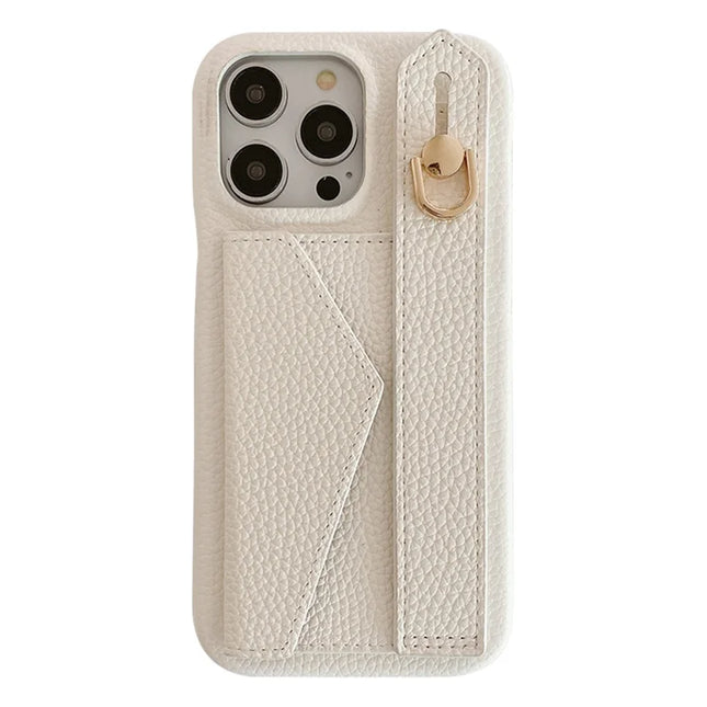 For iPhone 15 Pro Max Case with Card Slot Wristband Kickstand PU Leather+PET Phone Cover - White