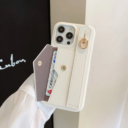 For iPhone 15 Pro Max Case with Card Slot Wristband Kickstand PU Leather+PET Phone Cover