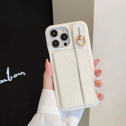 For iPhone 15 Pro Max Case with Card Slot Wristband Kickstand PU Leather+PET Phone Cover