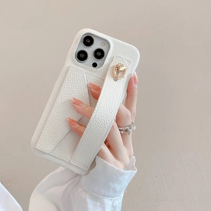 For iPhone 15 Pro Max Case with Card Slot Wristband Kickstand PU Leather+PET Phone Cover