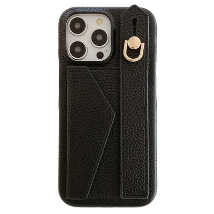 For iPhone 15 Pro Max Case with Card Slot Wristband Kickstand PU Leather+PET Phone Cover - Black
