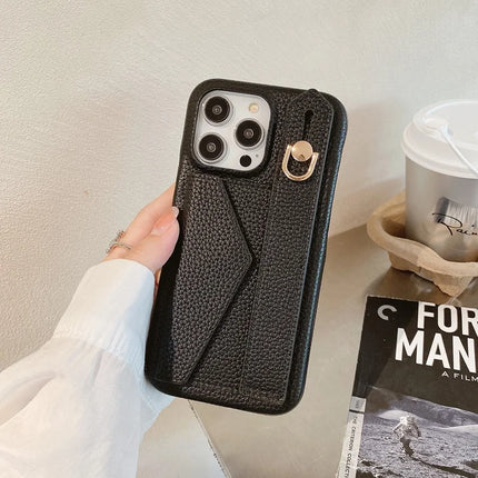 For iPhone 15 Pro Max Case with Card Slot Wristband Kickstand PU Leather+PET Phone Cover