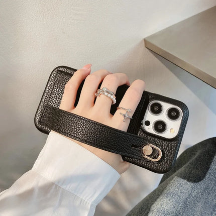For iPhone 15 Pro Max Case with Card Slot Wristband Kickstand PU Leather+PET Phone Cover