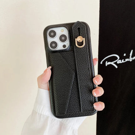 For iPhone 15 Pro Max Case with Card Slot Wristband Kickstand PU Leather+PET Phone Cover
