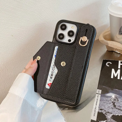 For iPhone 15 Pro Max Case with Card Slot Wristband Kickstand PU Leather+PET Phone Cover