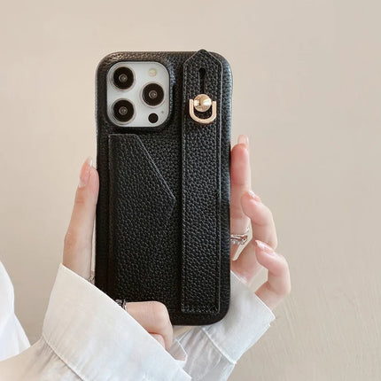 For iPhone 15 Pro Max Case with Card Slot Wristband Kickstand PU Leather+PET Phone Cover