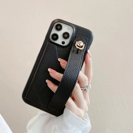 For iPhone 15 Pro Max Case with Card Slot Wristband Kickstand PU Leather+PET Phone Cover
