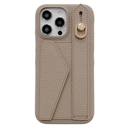 For iPhone 15 Pro Max Case with Card Slot Wristband Kickstand PU Leather+PET Phone Cover - Grey