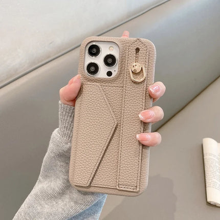 For iPhone 15 Pro Max Case with Card Slot Wristband Kickstand PU Leather+PET Phone Cover