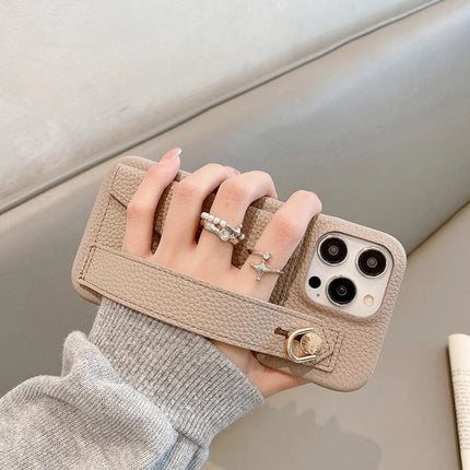 For iPhone 15 Pro Max Case with Card Slot Wristband Kickstand PU Leather+PET Phone Cover