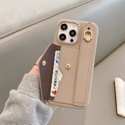 For iPhone 15 Pro Max Case with Card Slot Wristband Kickstand PU Leather+PET Phone Cover