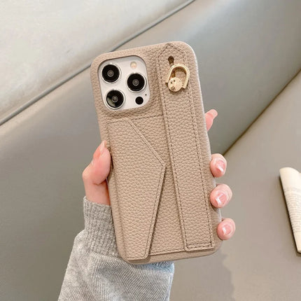 For iPhone 15 Pro Max Case with Card Slot Wristband Kickstand PU Leather+PET Phone Cover