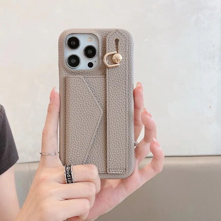 For iPhone 15 Pro Max Case with Card Slot Wristband Kickstand PU Leather+PET Phone Cover