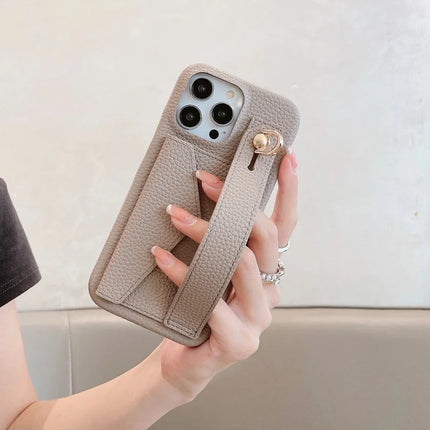 For iPhone 15 Pro Max Case with Card Slot Wristband Kickstand PU Leather+PET Phone Cover