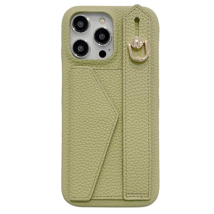 For iPhone 15 Pro Max Case with Card Slot Wristband Kickstand PU Leather+PET Phone Cover - Green