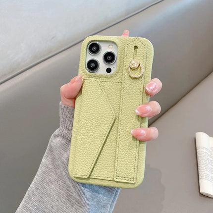 For iPhone 15 Pro Max Case with Card Slot Wristband Kickstand PU Leather+PET Phone Cover