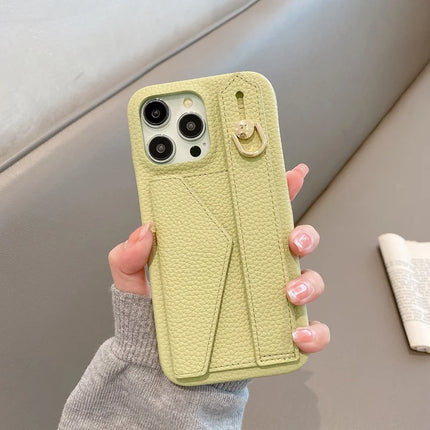 For iPhone 15 Pro Max Case with Card Slot Wristband Kickstand PU Leather+PET Phone Cover