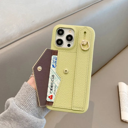 For iPhone 15 Pro Max Case with Card Slot Wristband Kickstand PU Leather+PET Phone Cover