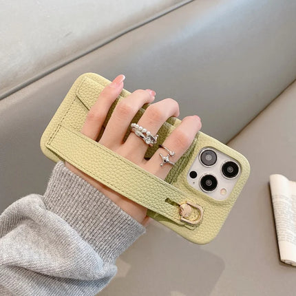 For iPhone 15 Pro Max Case with Card Slot Wristband Kickstand PU Leather+PET Phone Cover