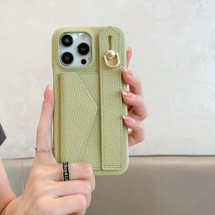 For iPhone 15 Pro Max Case with Card Slot Wristband Kickstand PU Leather+PET Phone Cover