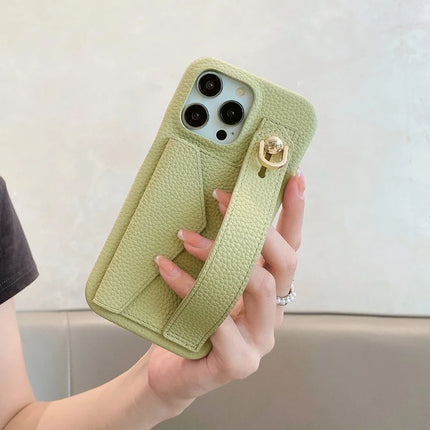 For iPhone 15 Pro Max Case with Card Slot Wristband Kickstand PU Leather+PET Phone Cover