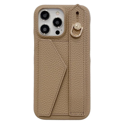 For iPhone 15 Pro Max Case with Card Slot Wristband Kickstand PU Leather+PET Phone Cover - Light Brown