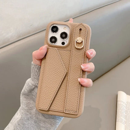 For iPhone 15 Pro Max Case with Card Slot Wristband Kickstand PU Leather+PET Phone Cover
