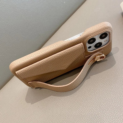 For iPhone 15 Pro Max Case with Card Slot Wristband Kickstand PU Leather+PET Phone Cover