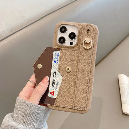 For iPhone 15 Pro Max Case with Card Slot Wristband Kickstand PU Leather+PET Phone Cover