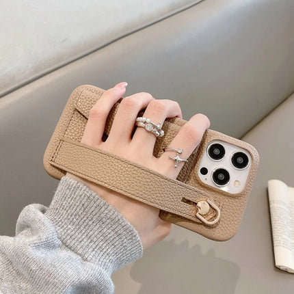 For iPhone 15 Pro Max Case with Card Slot Wristband Kickstand PU Leather+PET Phone Cover