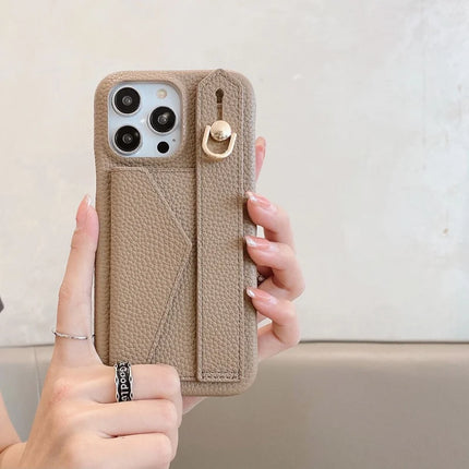 For iPhone 15 Pro Max Case with Card Slot Wristband Kickstand PU Leather+PET Phone Cover