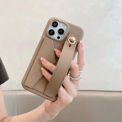 For iPhone 15 Pro Max Case with Card Slot Wristband Kickstand PU Leather+PET Phone Cover