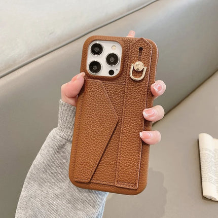 For iPhone 15 Pro Max Case with Card Slot Wristband Kickstand PU Leather+PET Phone Cover