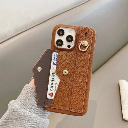 For iPhone 15 Pro Max Case with Card Slot Wristband Kickstand PU Leather+PET Phone Cover