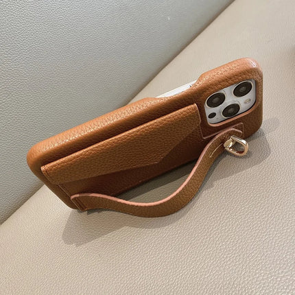 For iPhone 15 Pro Max Case with Card Slot Wristband Kickstand PU Leather+PET Phone Cover
