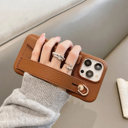 For iPhone 15 Pro Max Case with Card Slot Wristband Kickstand PU Leather+PET Phone Cover