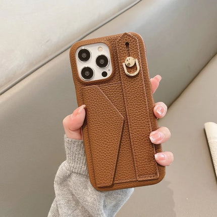 For iPhone 15 Pro Max Case with Card Slot Wristband Kickstand PU Leather+PET Phone Cover