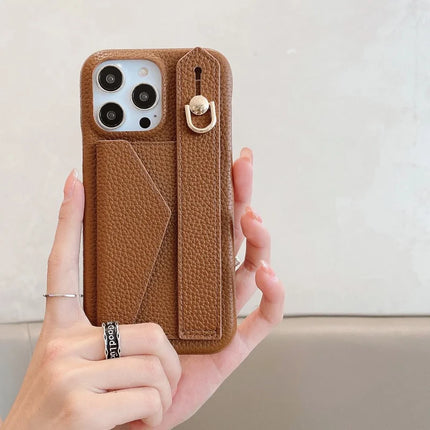 For iPhone 15 Pro Max Case with Card Slot Wristband Kickstand PU Leather+PET Phone Cover