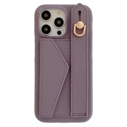 For iPhone 15 Pro Max Case with Card Slot Wristband Kickstand PU Leather+PET Phone Cover - Purple