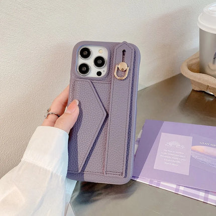 For iPhone 15 Pro Max Case with Card Slot Wristband Kickstand PU Leather+PET Phone Cover