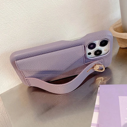 For iPhone 15 Pro Max Case with Card Slot Wristband Kickstand PU Leather+PET Phone Cover