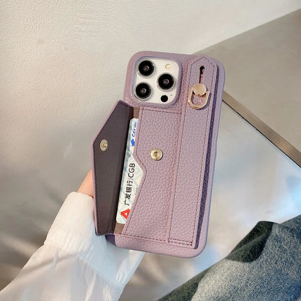 For iPhone 15 Pro Max Case with Card Slot Wristband Kickstand PU Leather+PET Phone Cover