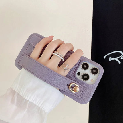 For iPhone 15 Pro Max Case with Card Slot Wristband Kickstand PU Leather+PET Phone Cover