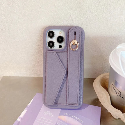 For iPhone 15 Pro Max Case with Card Slot Wristband Kickstand PU Leather+PET Phone Cover