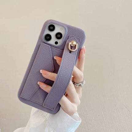 For iPhone 15 Pro Max Case with Card Slot Wristband Kickstand PU Leather+PET Phone Cover