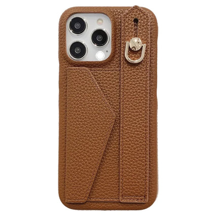 For iPhone 15 Pro Case with Card Slot Wristband Kickstand PU Leather+PET Phone Cover - Dark Brown