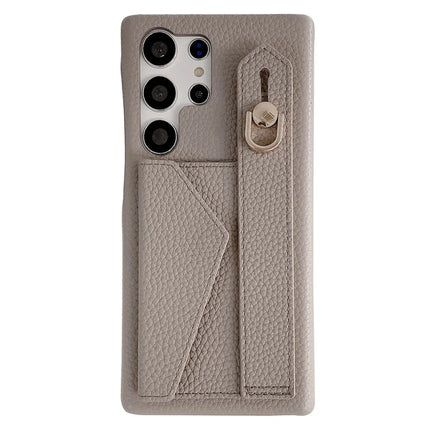 For Samsung Galaxy S23 Ultra Case with Card Slot Wristband Kickstand PU Leather+PET Phone Cover - Grey