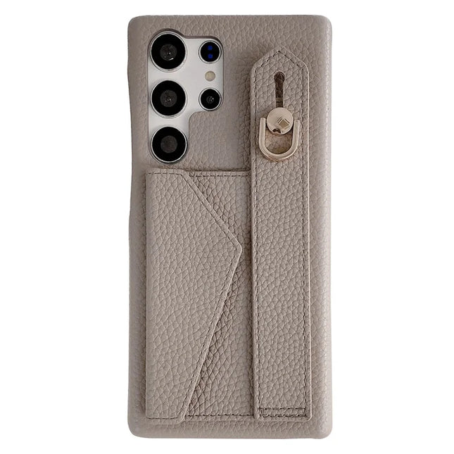 For Samsung Galaxy S23 Ultra Case with Card Slot Wristband Kickstand PU Leather+PET Phone Cover - Grey