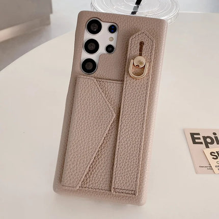 For Samsung Galaxy S23 Ultra Case with Card Slot Wristband Kickstand PU Leather+PET Phone Cover